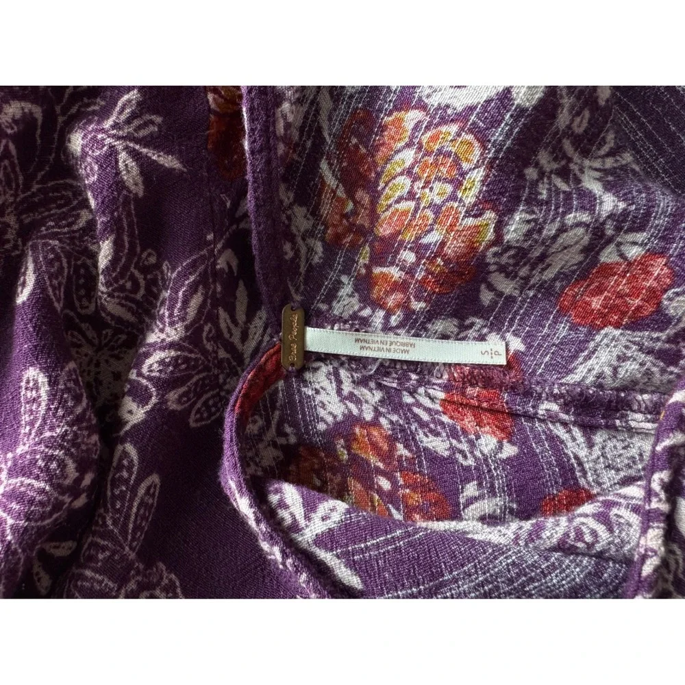 Free People Purple Floral Long Sleeve Mini Dress Deep V Back Boho‎ Womens Small